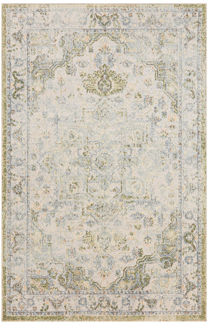 Rectangular distressed oriental rug in ivory and pale blue with floral medallion and ornate border.
