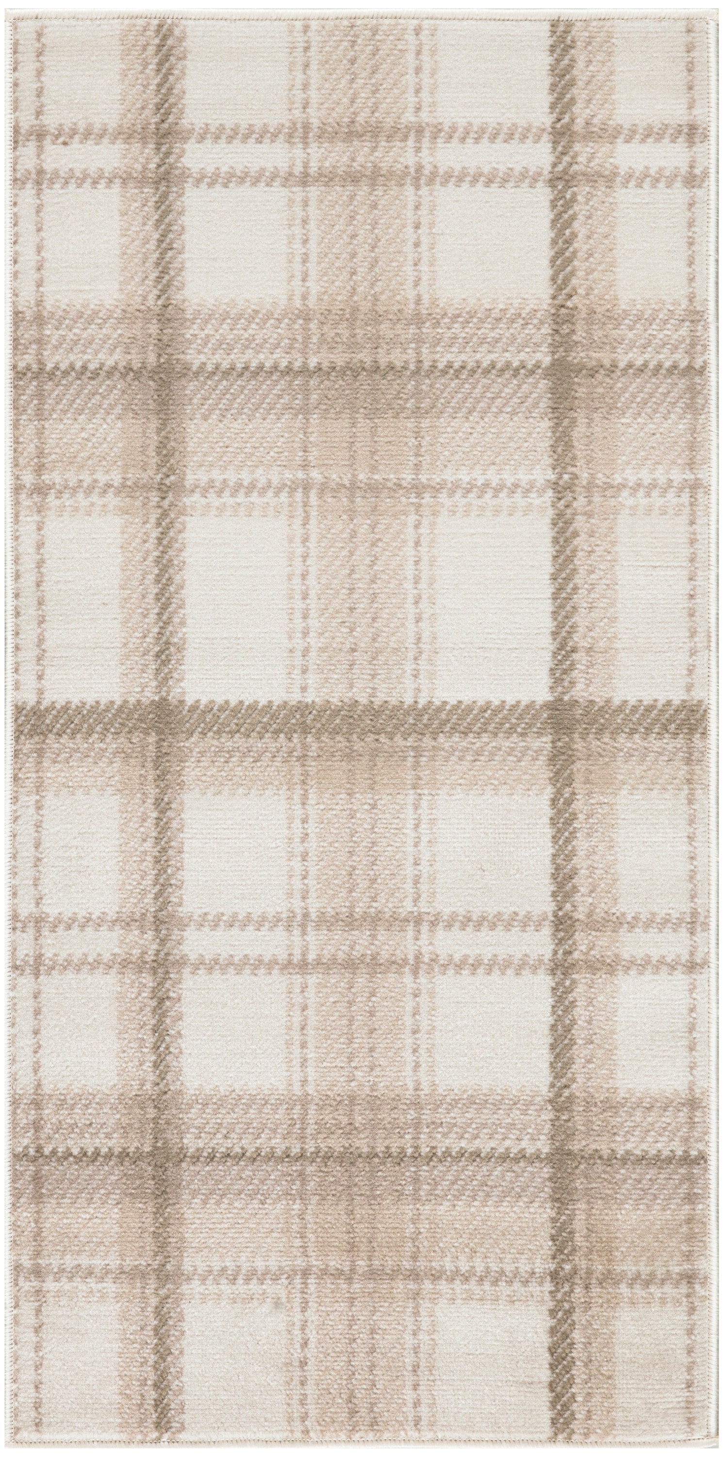 Rectangular beige plaid fabric with cream and light brown checks, woven textile.