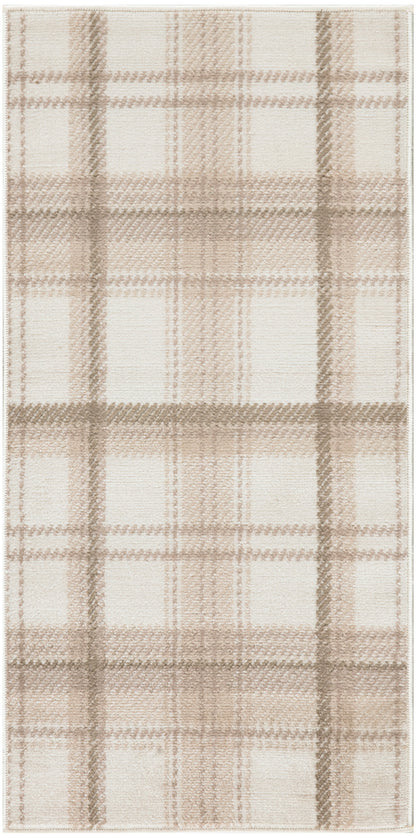 Rectangular beige plaid fabric with cream and light brown checks, woven textile.