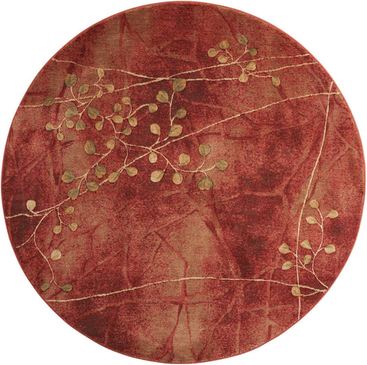 Round red rug with beige vine pattern & small circular leaves, delicate branch design for cozy living spaces.