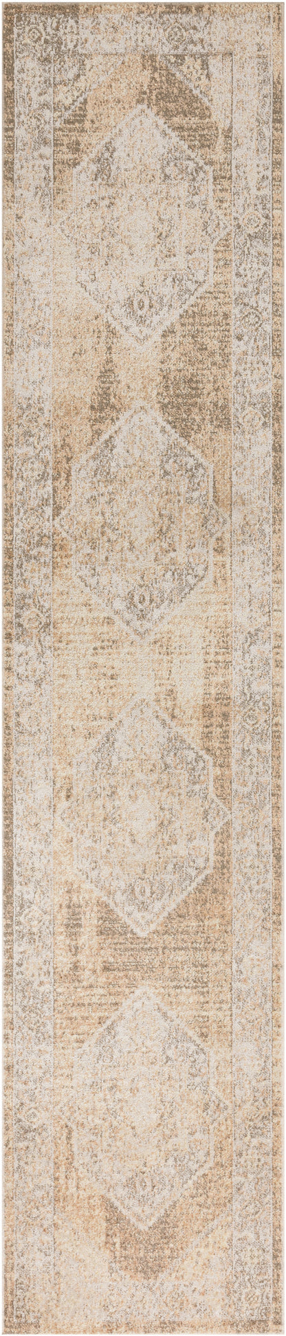 Neutral long runner rug with faded diamond medallions in beige, cream, and taupe; distressed vintage geometric pattern.