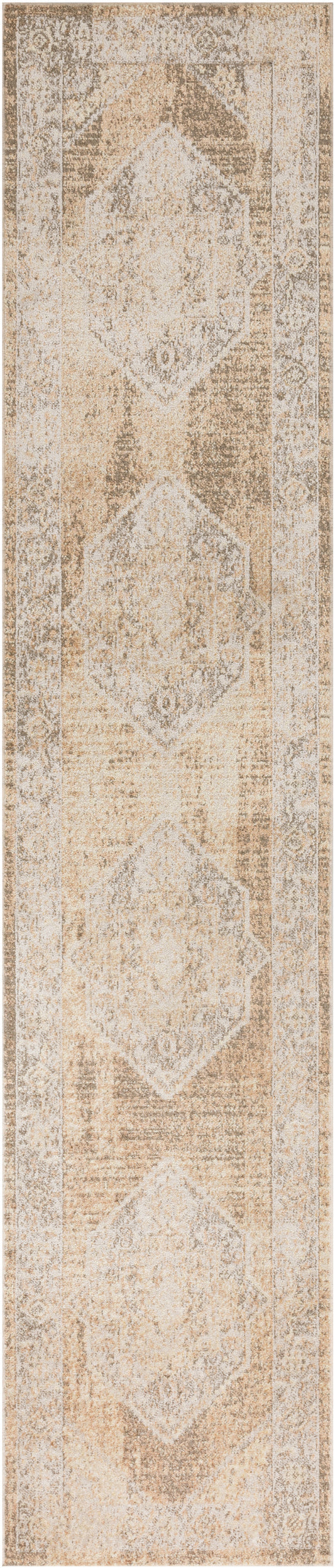 Neutral long runner rug with faded diamond medallions in beige, cream, and taupe; distressed vintage geometric pattern.