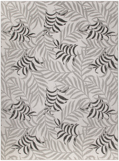 Rectangular gray rug with light leaf outlines and dark striped palm-frond clusters for a botanical, contemporary look.