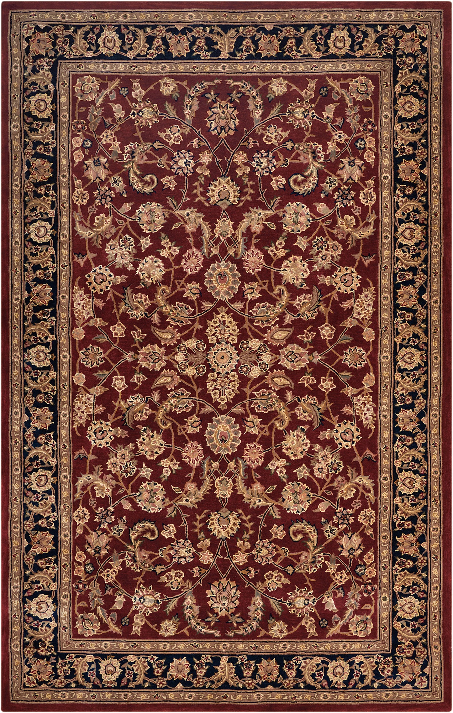 Persian-style oriental rug with burgundy field, ivory/gold floral damask pattern, and dark navy border.