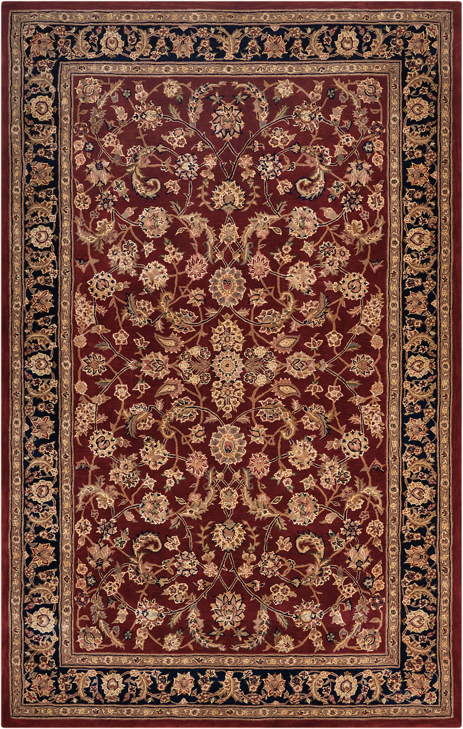 Persian-style oriental rug with burgundy field, ivory/gold floral damask pattern, and dark navy border.