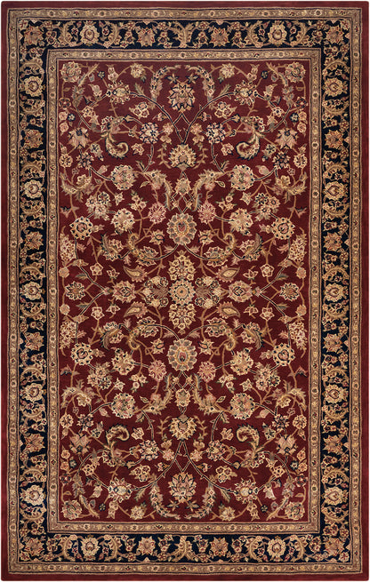 Persian-style oriental rug with burgundy field, ivory/gold floral damask pattern, and dark navy border.