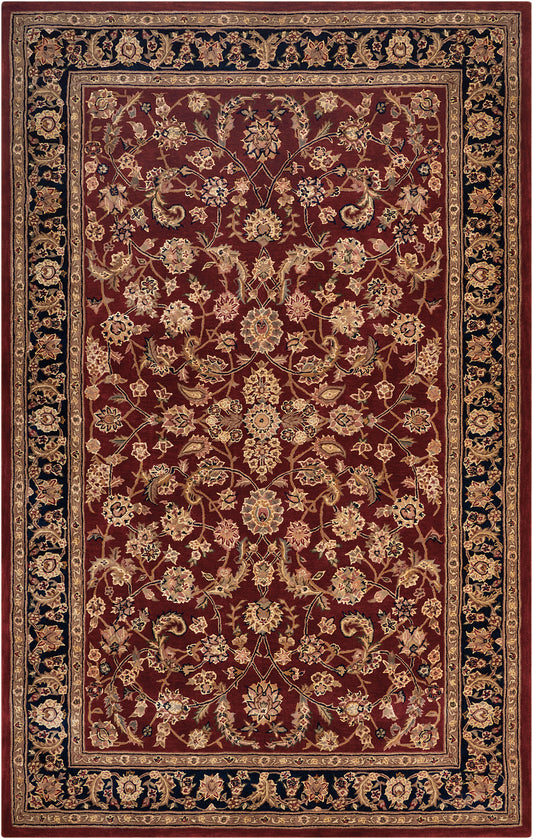 Persian-style oriental rug with burgundy field, ivory/gold floral damask pattern, and dark navy border.