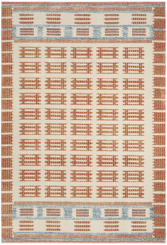 Woven wool rug with cream field, rust-red geometric square motifs, and blue bordered bands.