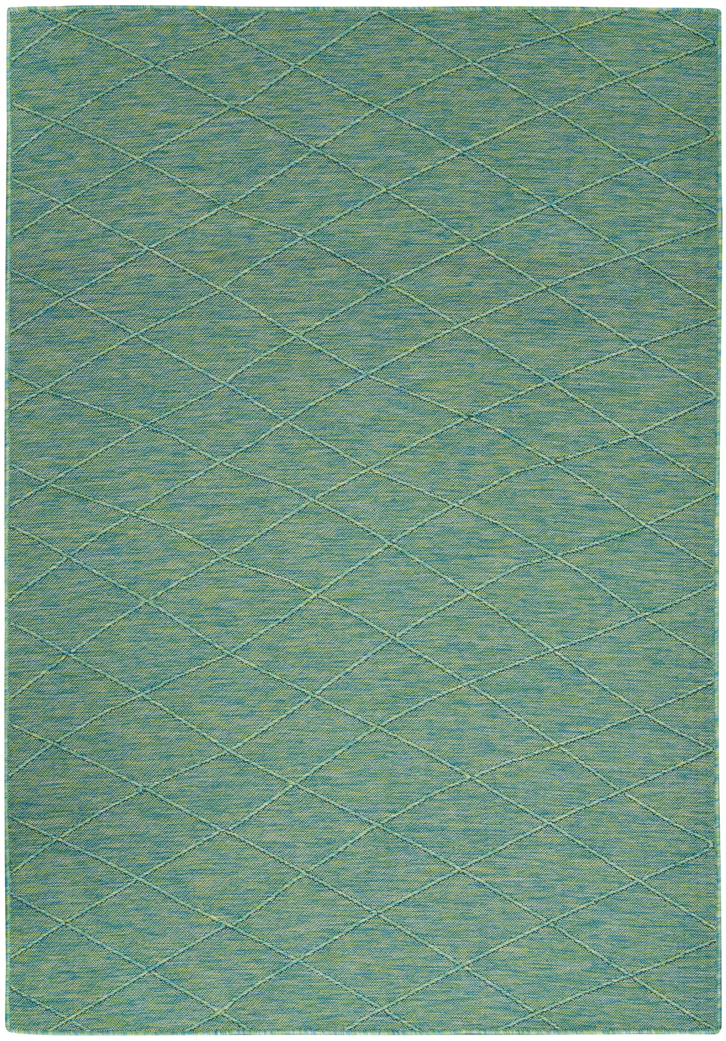Teal-green rug with a diamond lattice quilted pattern and light beige stitching, soft textured home decor.