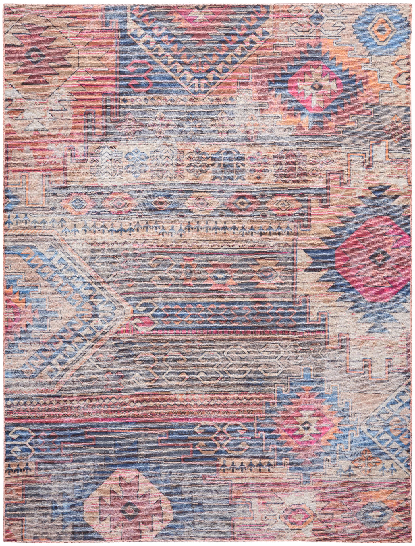 Kilim-style rectangular flatweave rug with geometric tribal motifs in pink, blue, orange & beige; vintage distressed look.