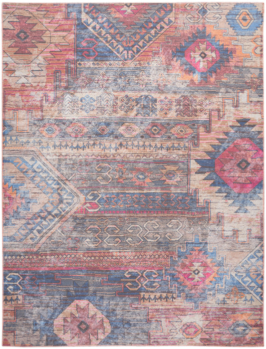 Kilim-style rectangular flatweave rug with geometric tribal motifs in pink, blue, orange & beige; vintage distressed look.