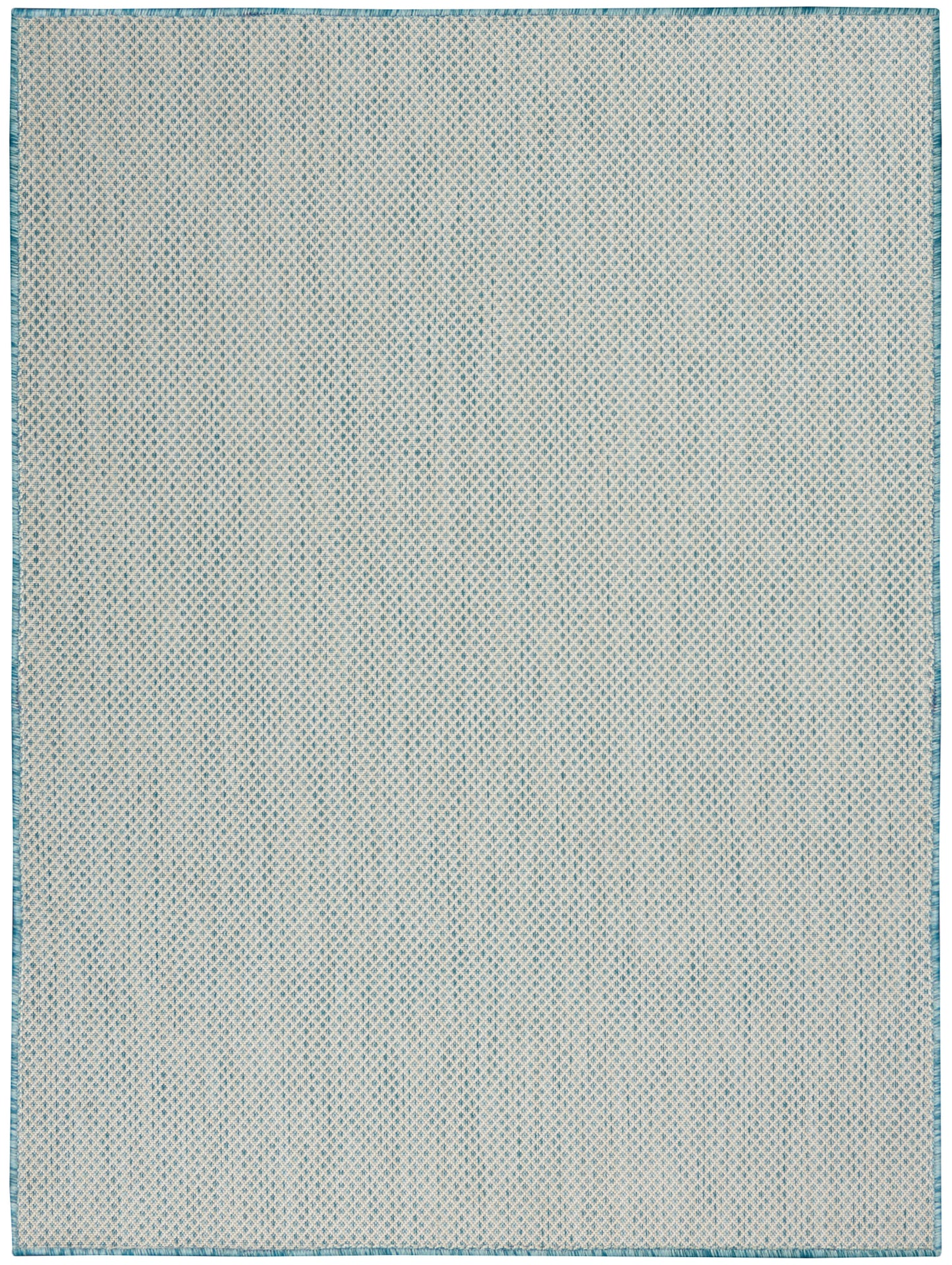 Light beige flatwoven rug with a tiny blue diamond lattice pattern and teal border.