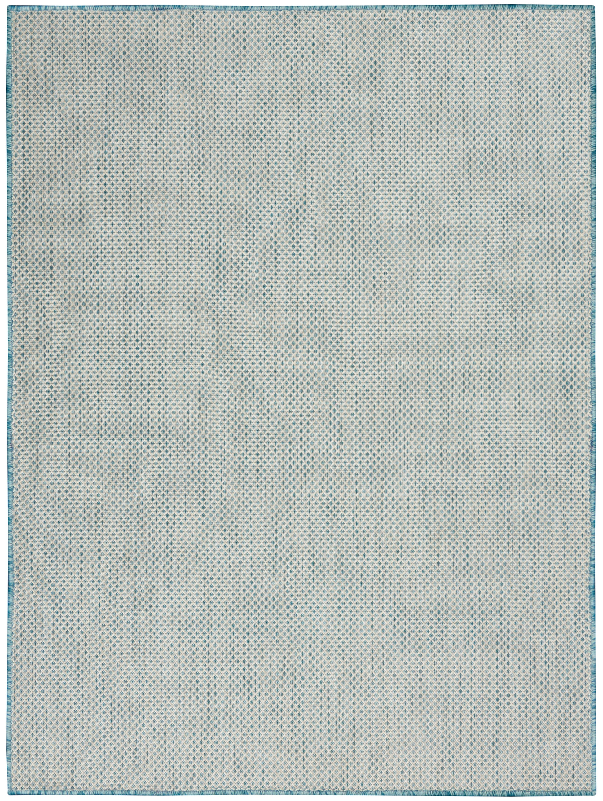 Light beige flatwoven rug with a tiny blue diamond lattice pattern and teal border.