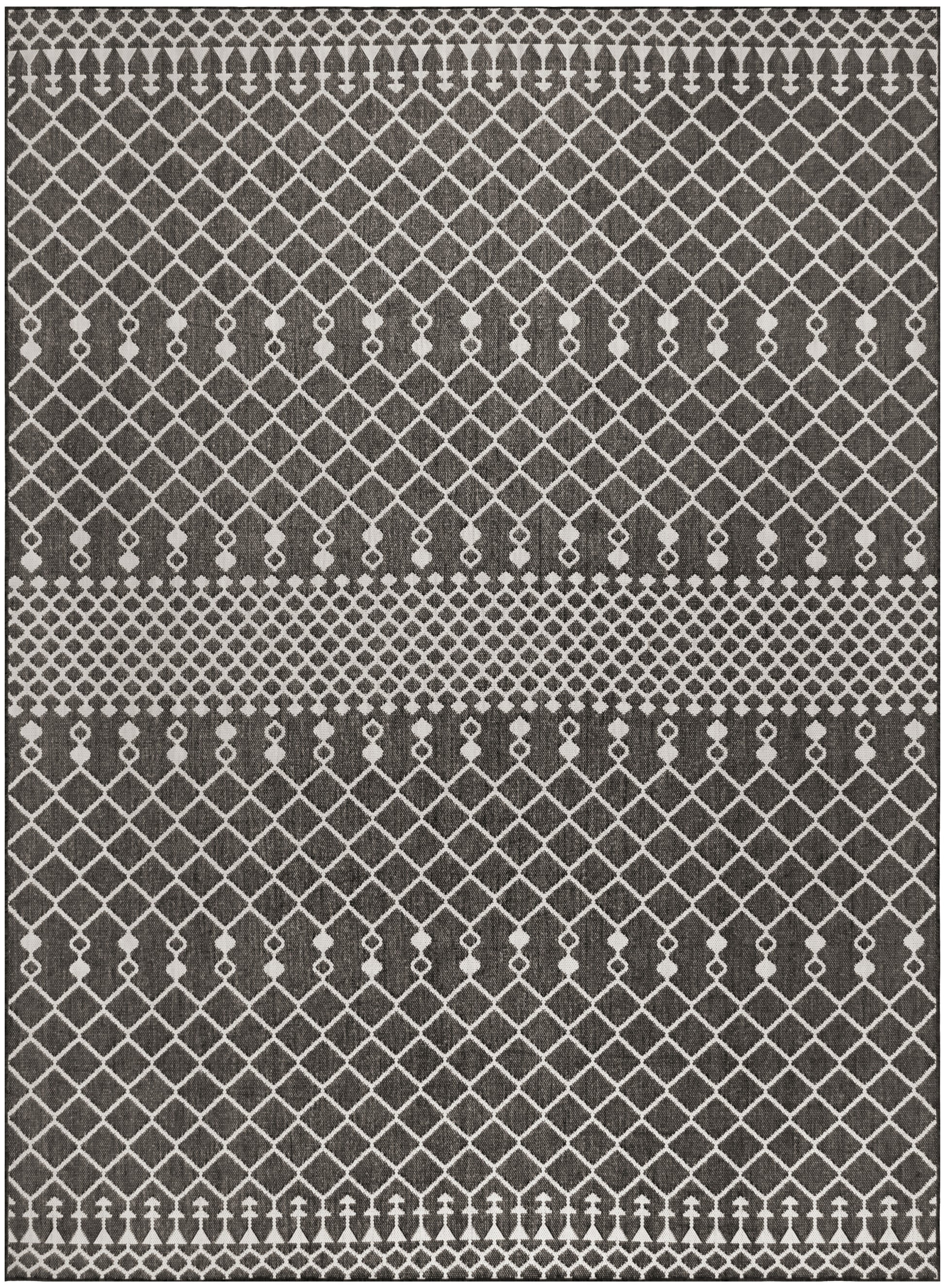 Gray and ivory area rug with a diamond lattice pattern and repeating dot-border bands along the edges.