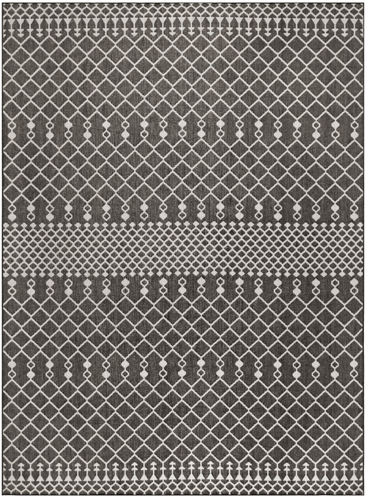 Gray and ivory area rug with a diamond lattice pattern and repeating dot-border bands along the edges.