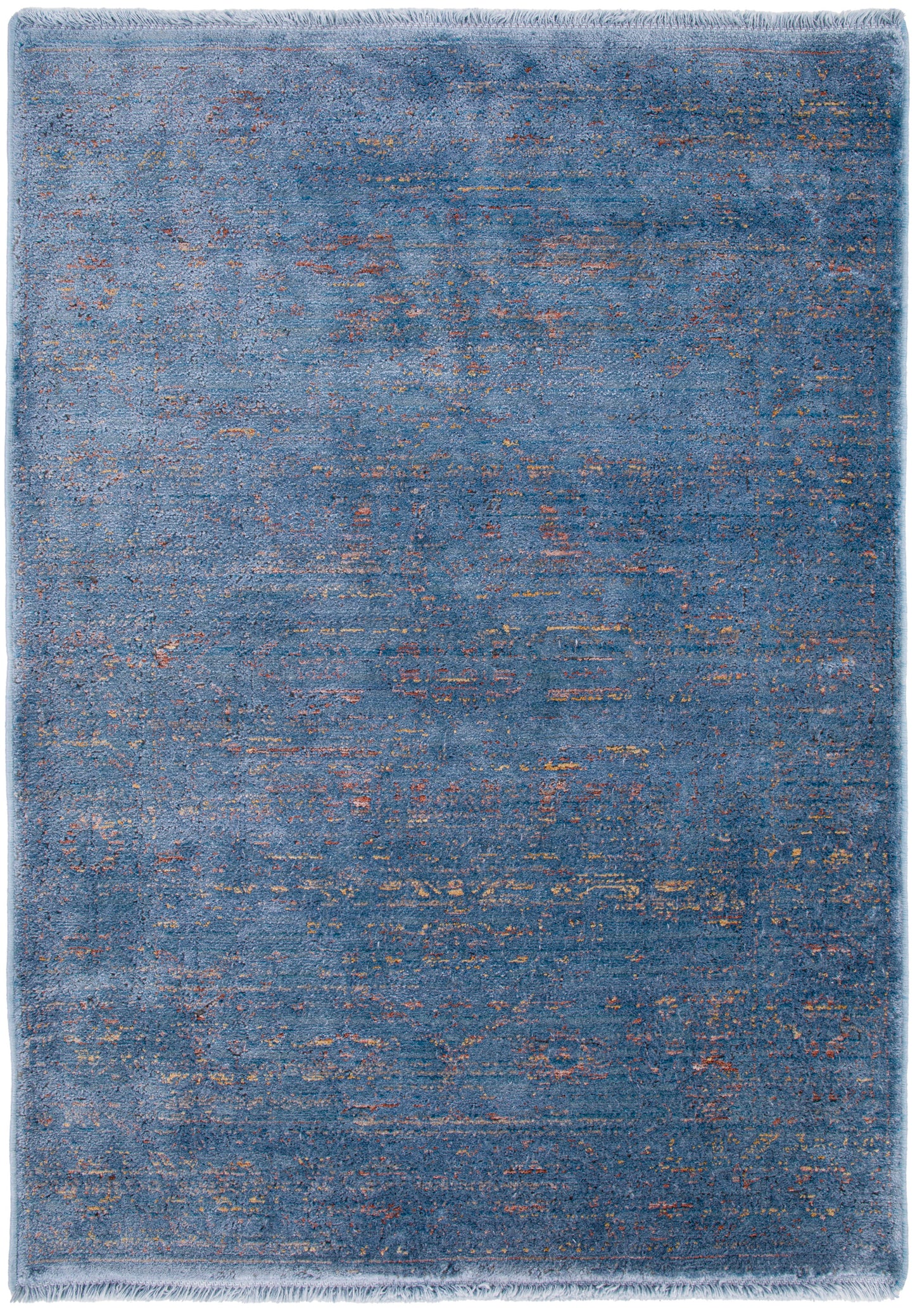 Blue distressed abstract rug with copper specks, plush pile and fringe border.