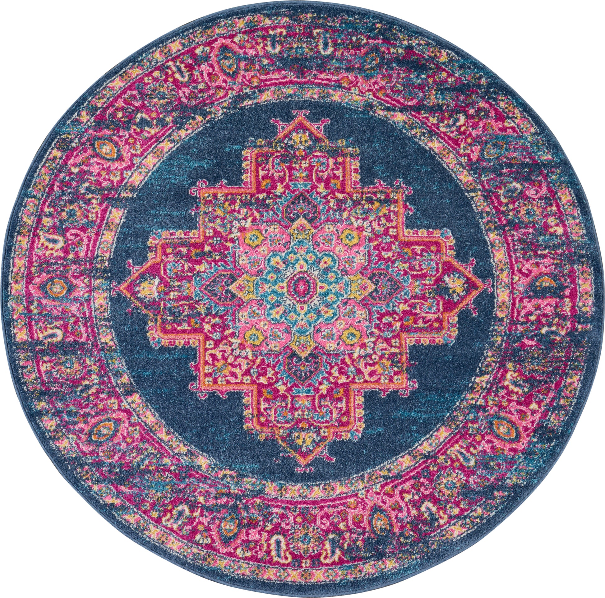 Round area rug with teal center, pink border, and a vibrant multicolor mandala floral design.