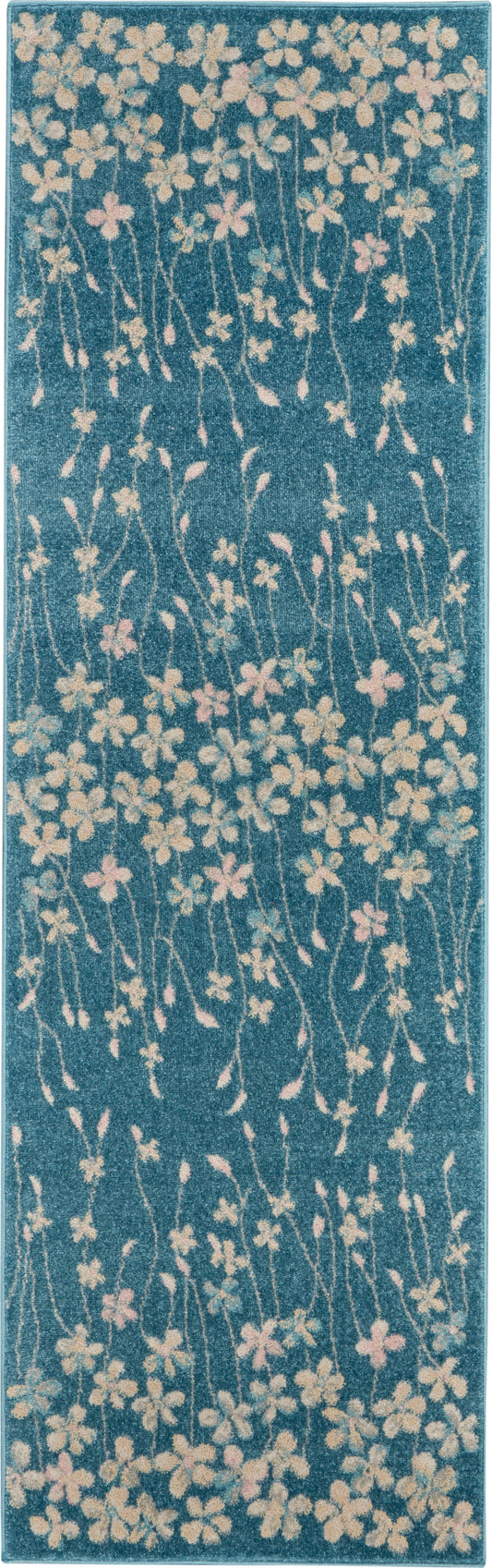 Teal floral runner rug with pastel pink, cream and light blue blossoms on slender stems.