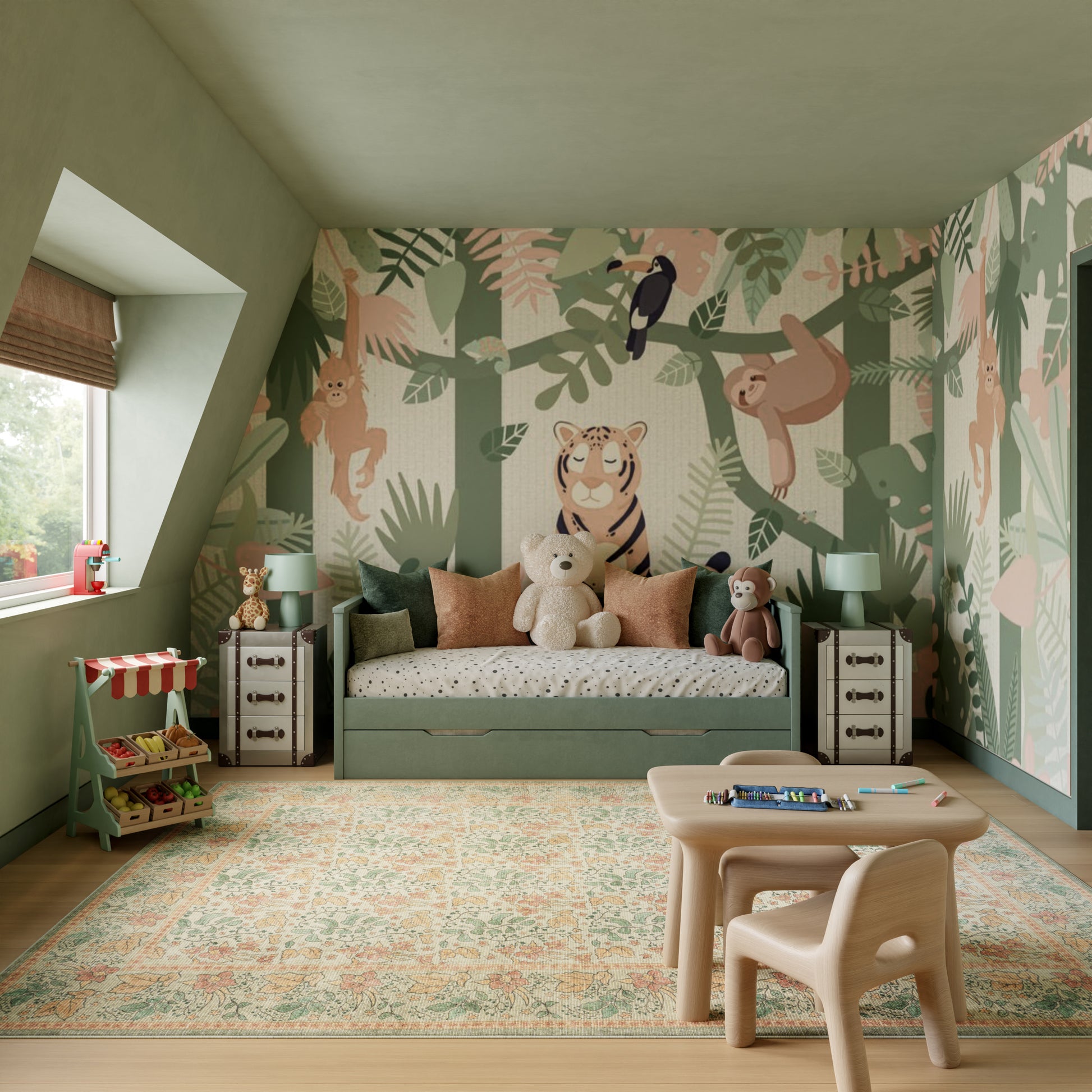 Pastel jungle-themed kids' bedroom with green bed, stuffed animals, two nightstands, leafy mural, window, and a small table.
