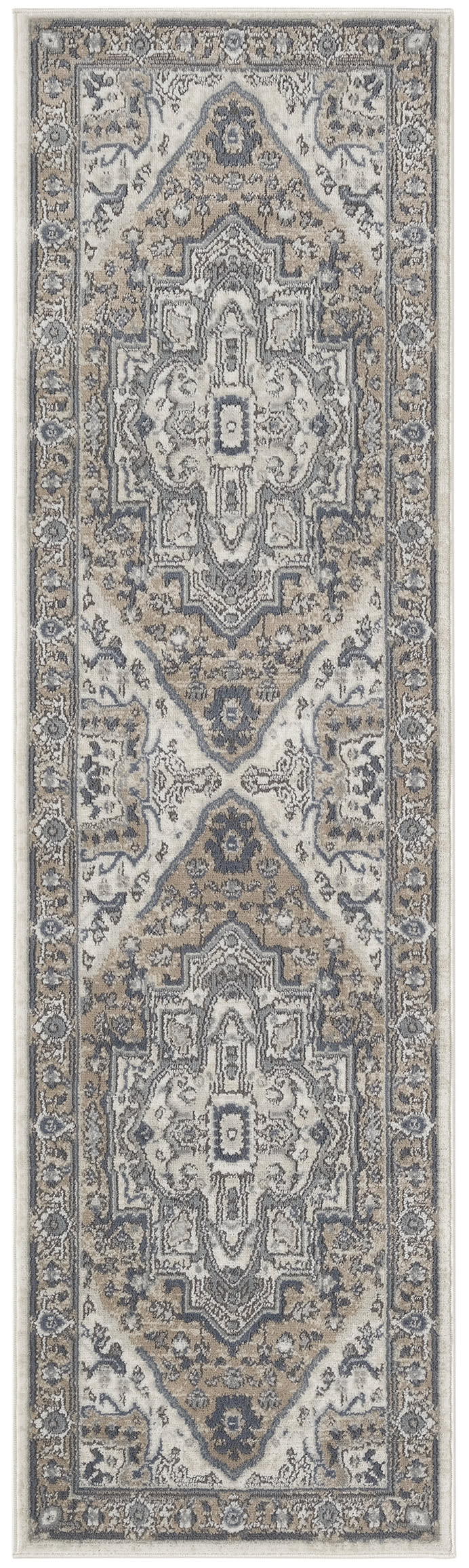 Persian-inspired runner rug in cream, gray & blue; ornate central medallions & borders for hallway decor.