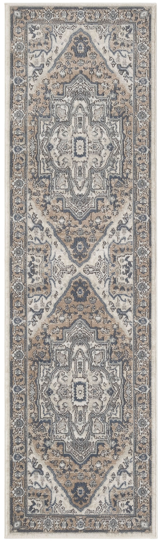 Persian-inspired runner rug in cream, gray & blue; ornate central medallions & borders for hallway decor.