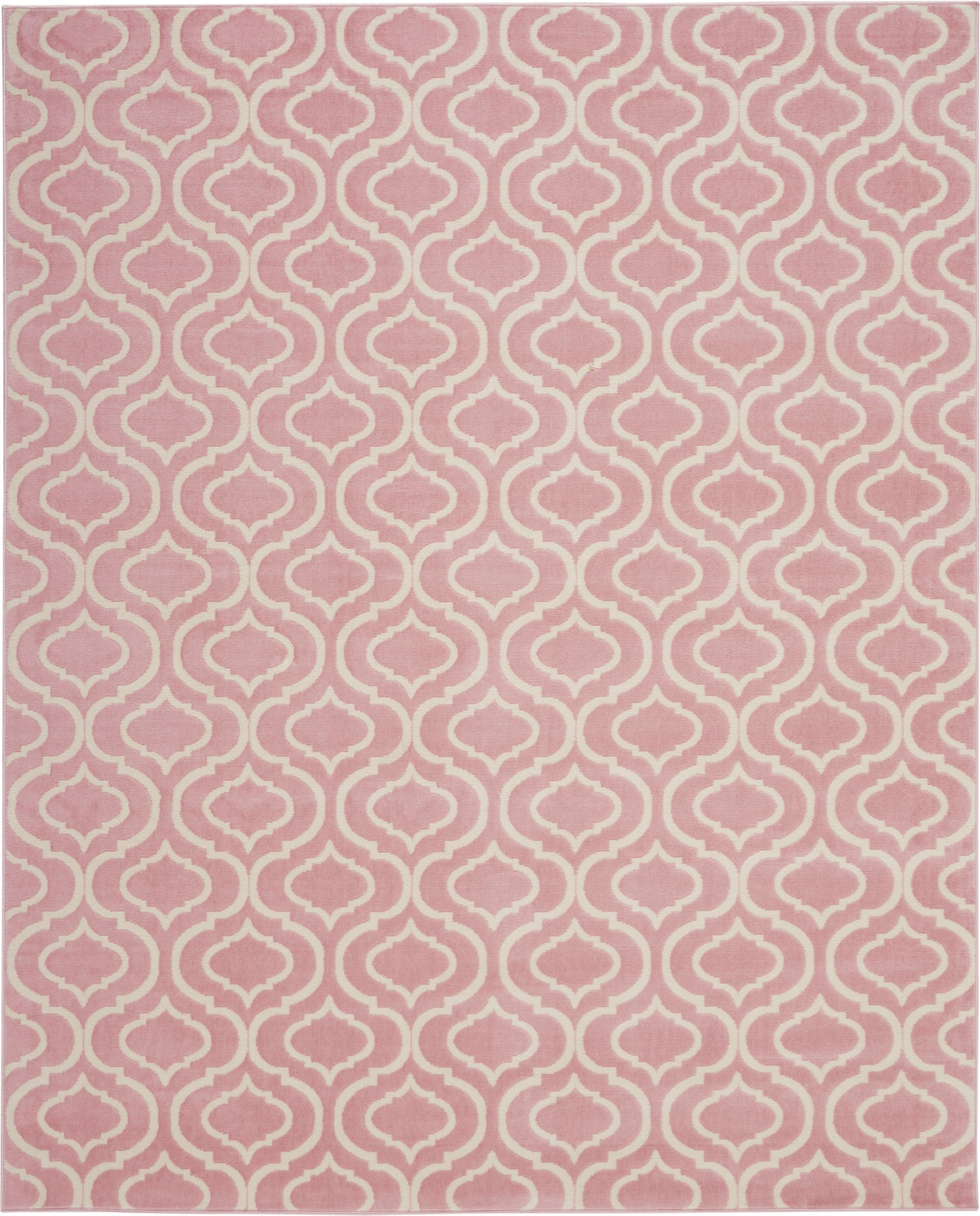 Pink rug with repeating white arabesque trellis pattern; Moroccan-inspired decorative geometric design.