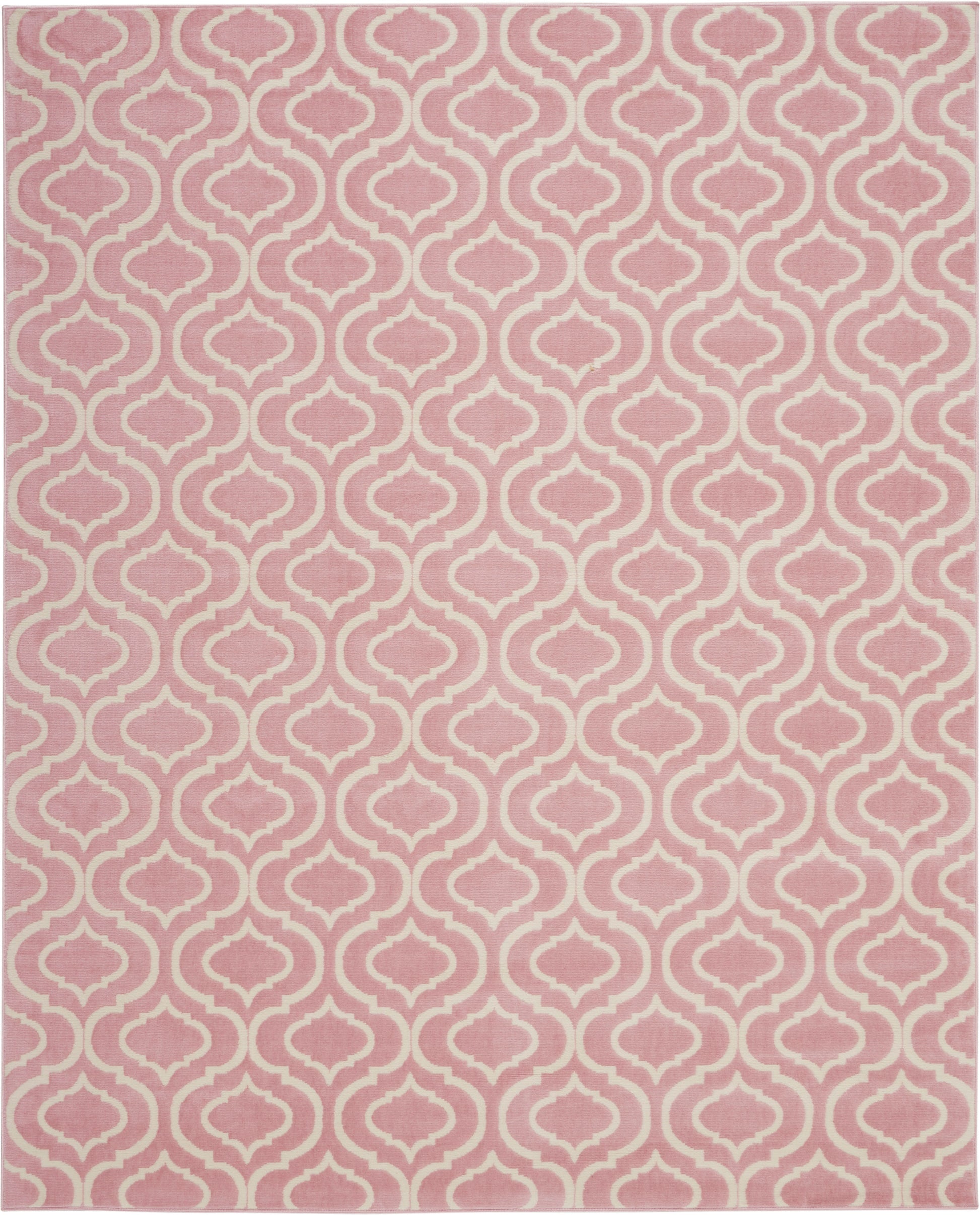 Pink rug with repeating white arabesque trellis pattern; Moroccan-inspired decorative geometric design.