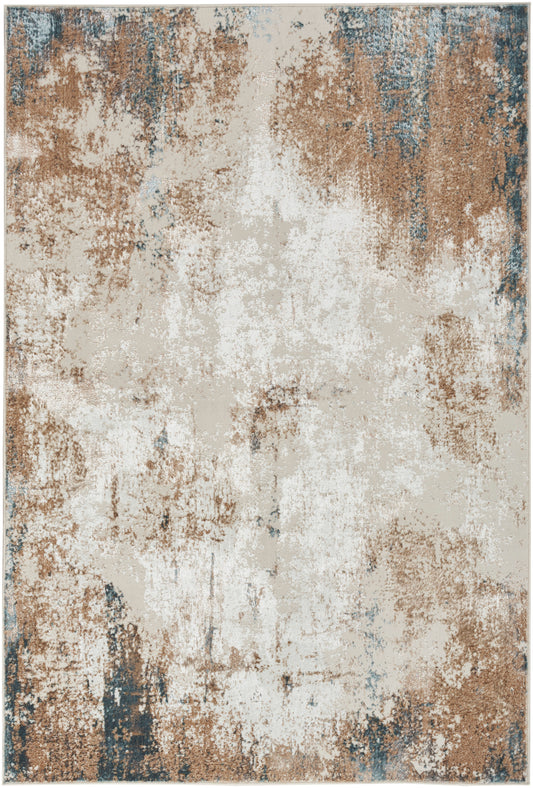 Abstract distressed area rug with beige, cream, brown and subtle blue accents; rectangular, soft pile, modern rustic decor.
