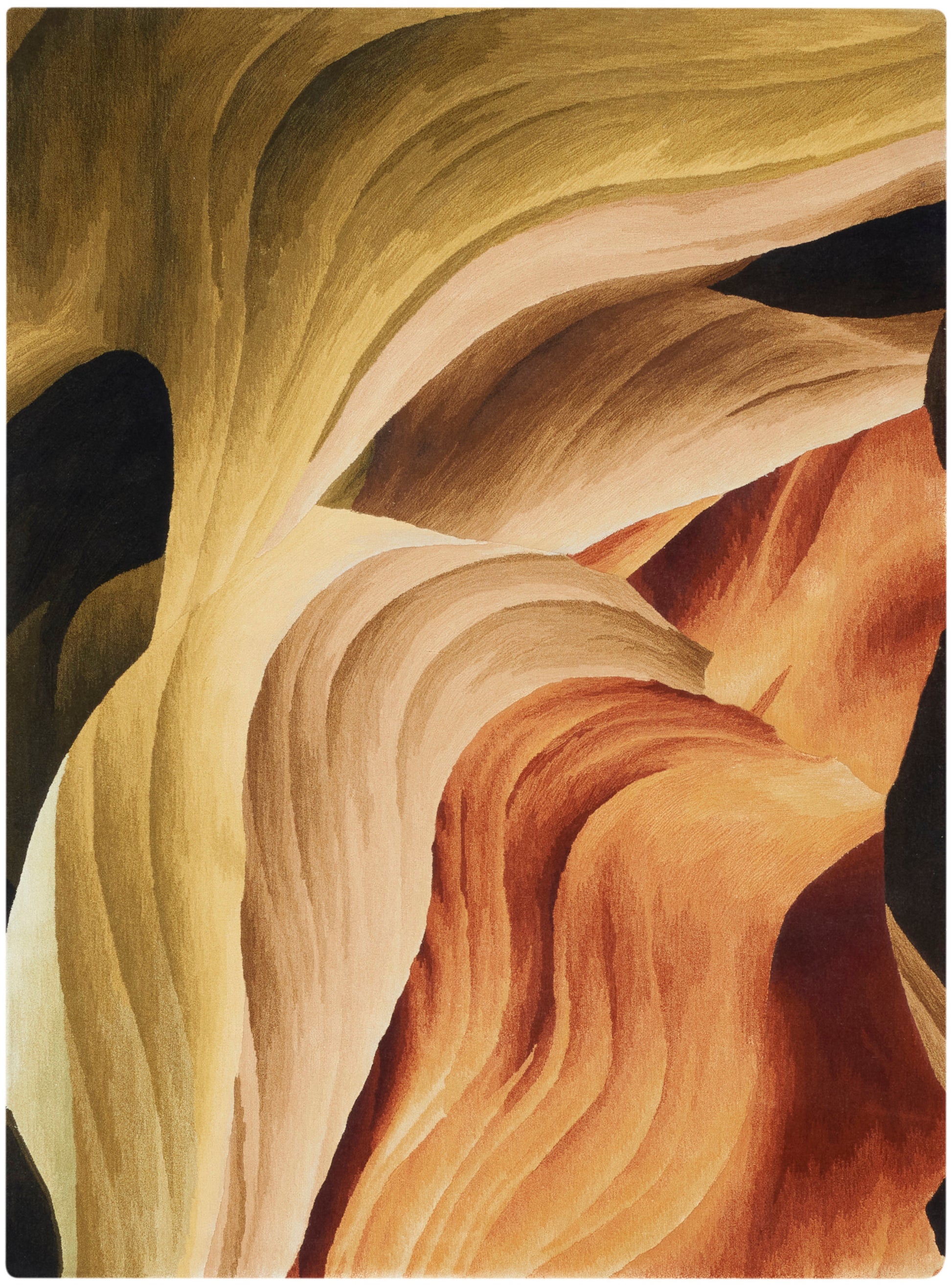 Abstract warm-toned rug with canyon-like curves in yellows, creams, oranges & browns.