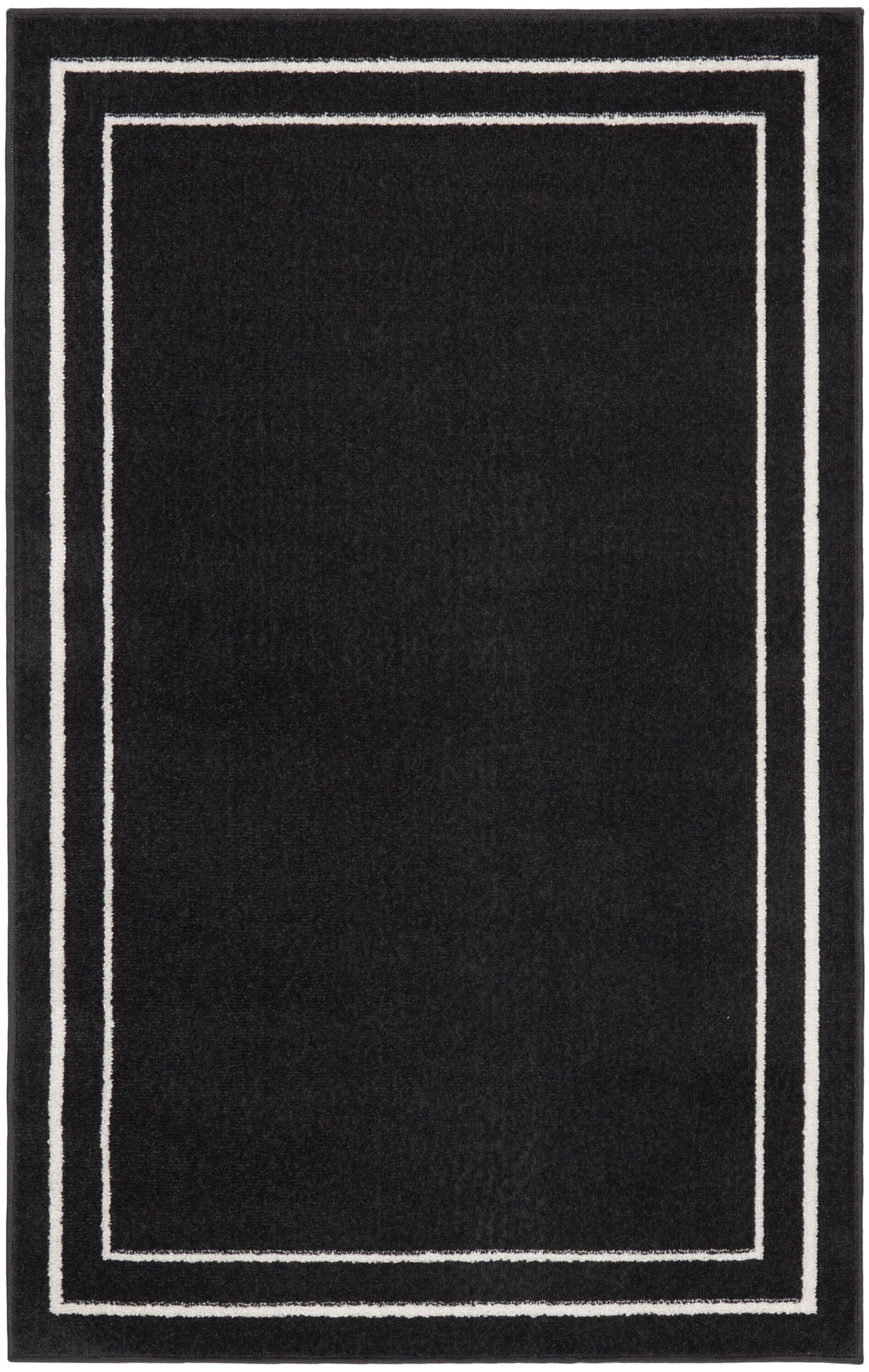 Black rectangular rug with double white borders forming a framed edge for a modern minimalist look.
