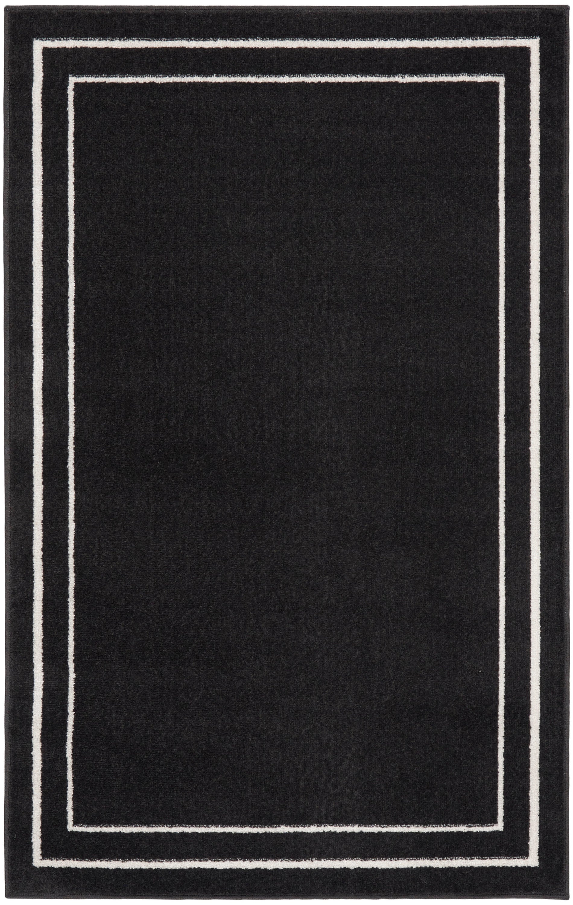 Black rectangular rug with double white borders forming a framed edge for a modern minimalist look.