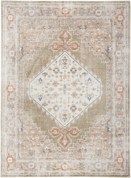 Vintage-inspired rug with central diamond medallion, beige field, pale blue and coral accents, antiqued border.