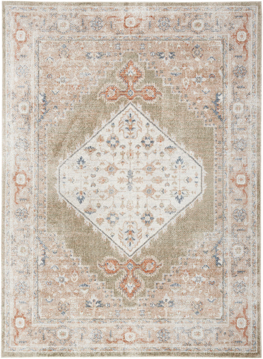 Vintage-inspired rug with central diamond medallion, beige field, pale blue and coral accents, antiqued border.