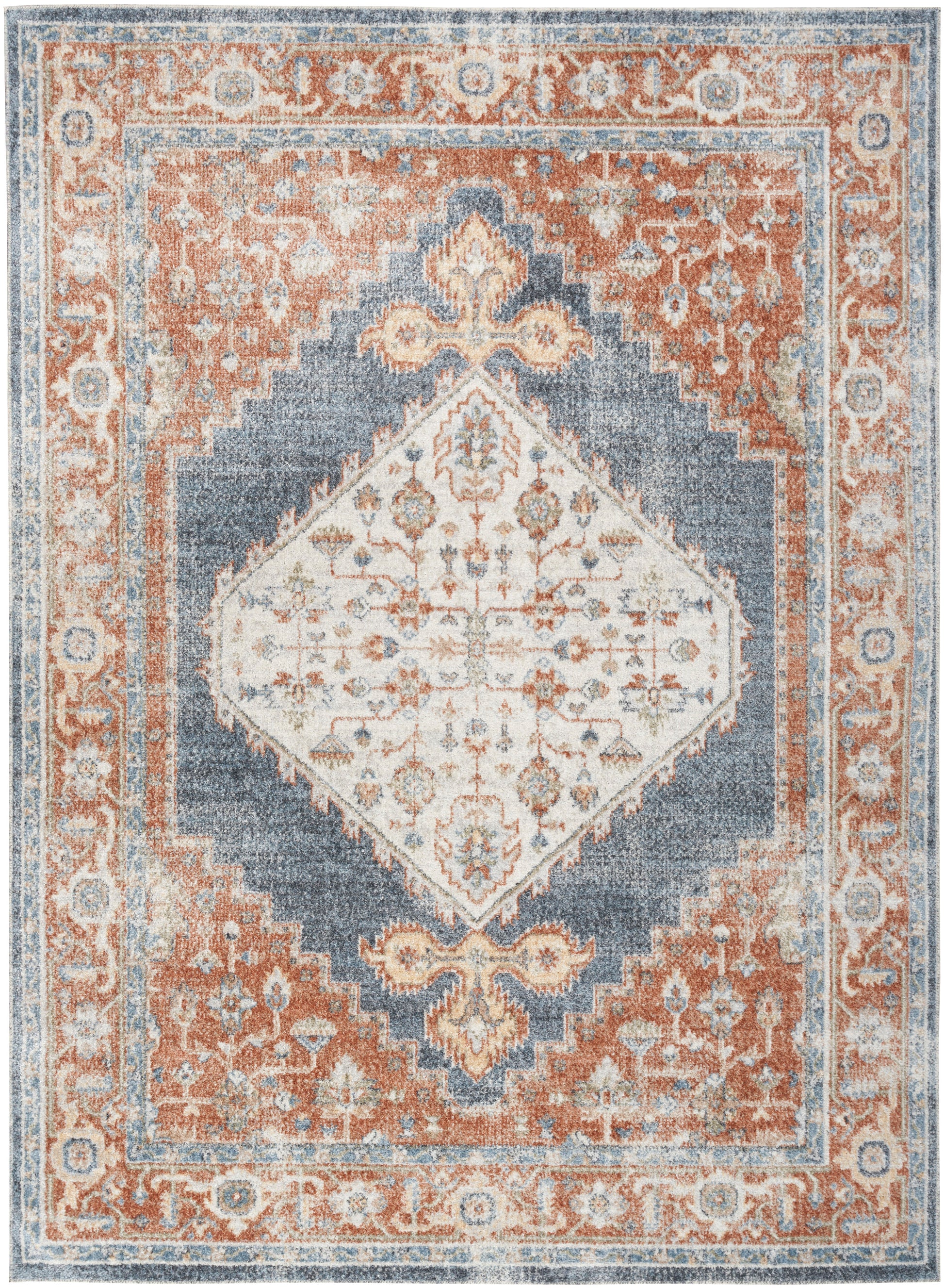 Rectangular Persian-inspired area rug with ivory diamond medallion, blue field, and orange rust borders; floral motifs.