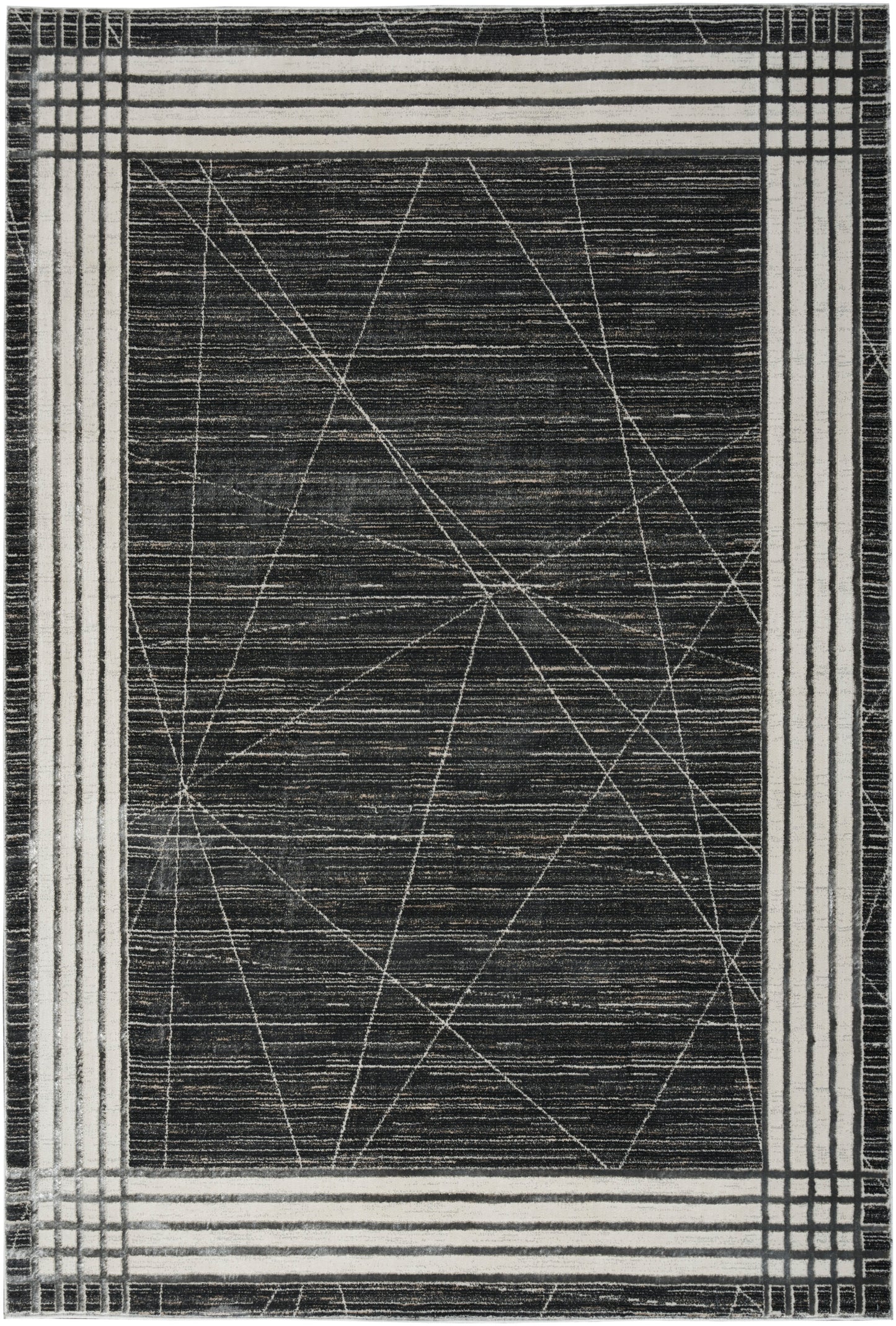 Rectangular rug with dark charcoal center, white geometric lines, and cream border featuring a grid pattern.