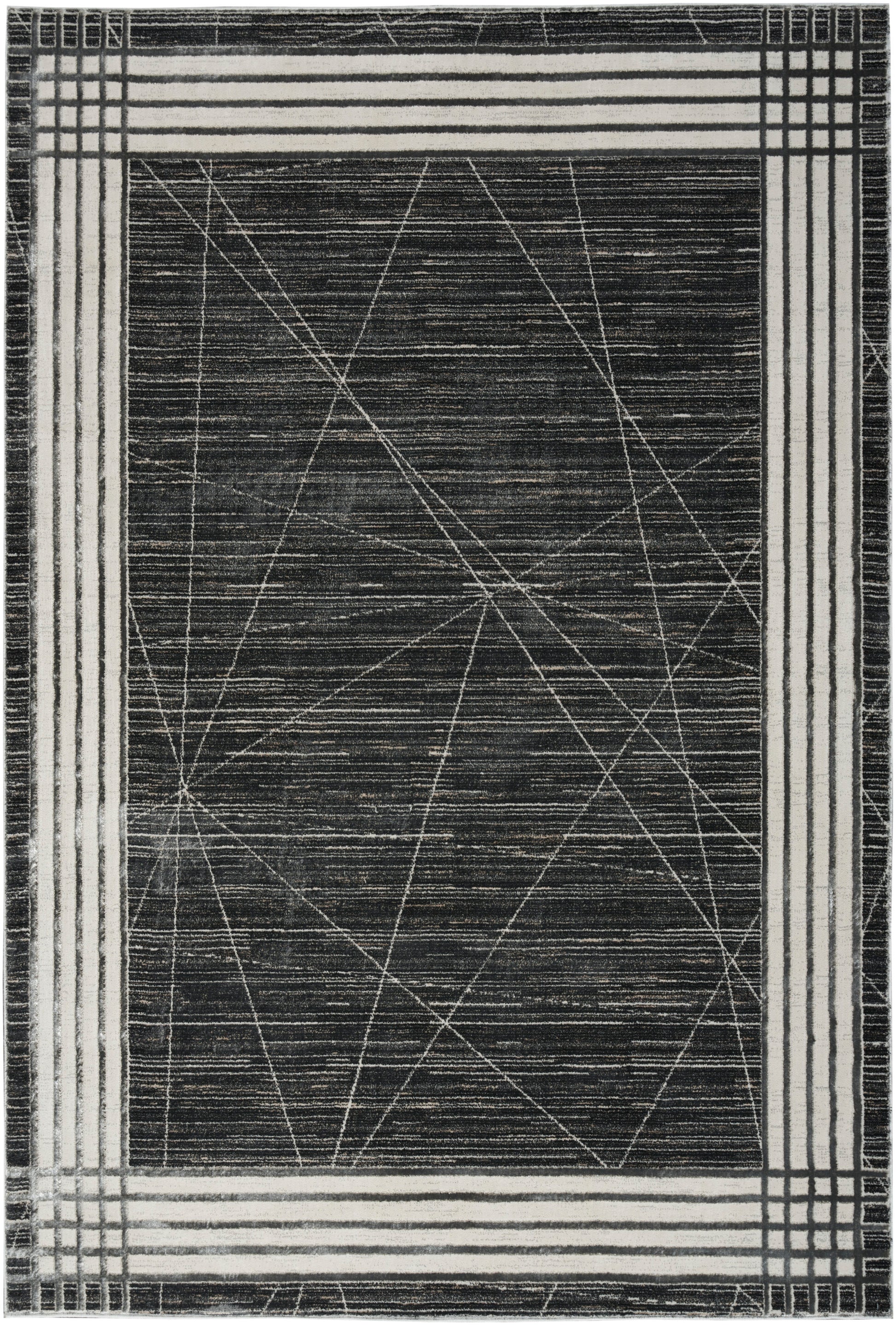 Rectangular rug with dark charcoal center, white geometric lines, and cream border featuring a grid pattern.