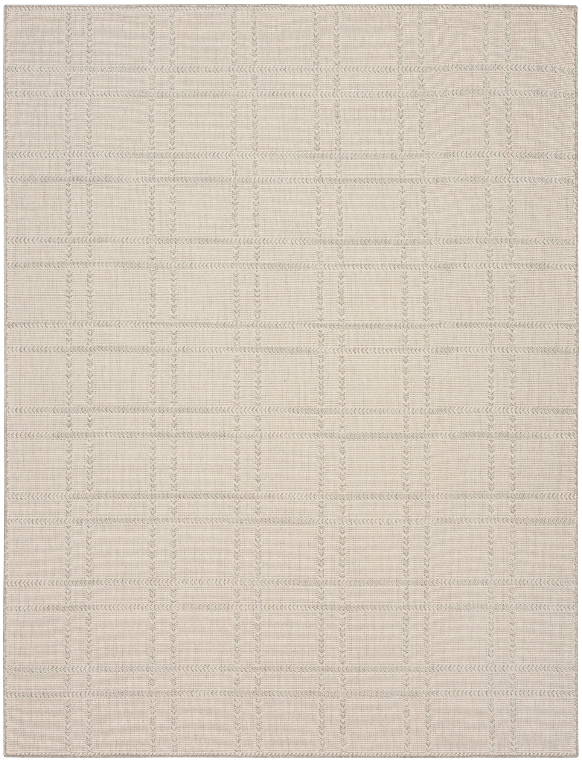 Beige woven area rug with subtle taupe plaid grid pattern and textured weave.