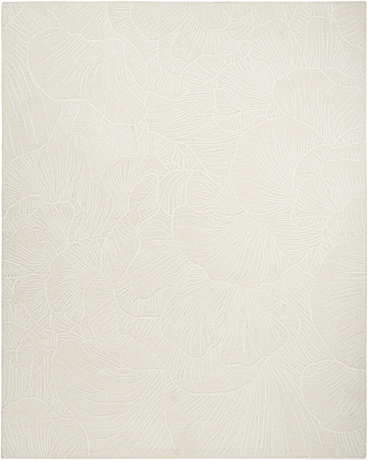 Cream textured rug with raised floral leaf pattern in subtle ivory tones and a soft matte finish.