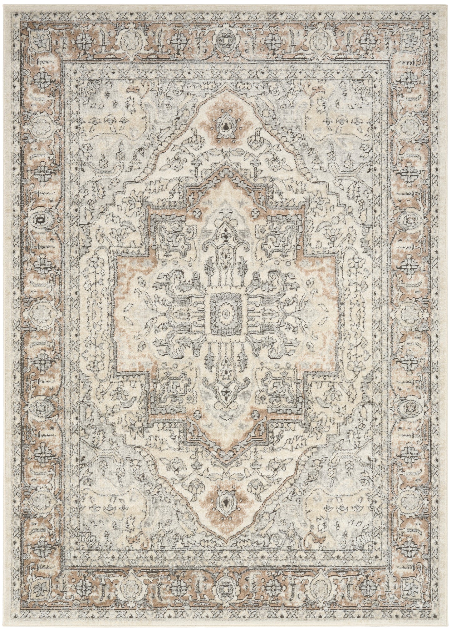 Traditional oriental-style area rug with central medallion, scrolling floral border in ivory, gray, and beige.