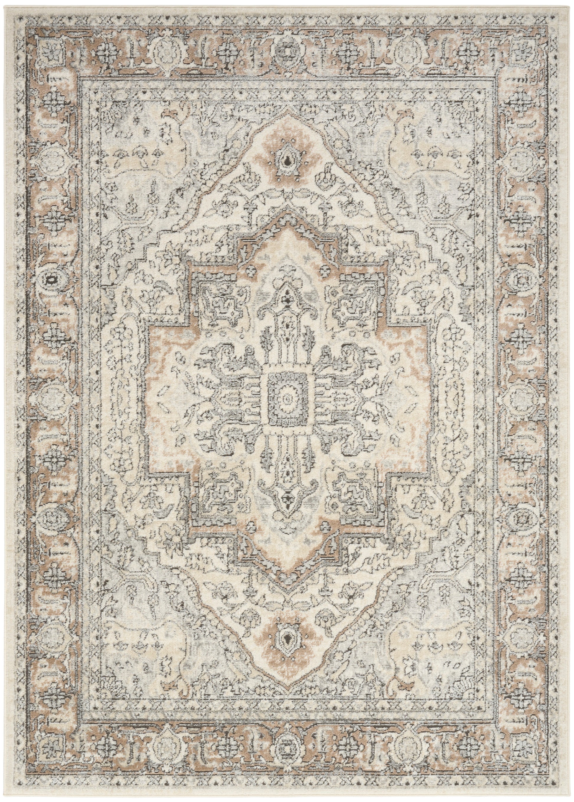 Traditional oriental-style area rug with central medallion, scrolling floral border in ivory, gray, and beige.