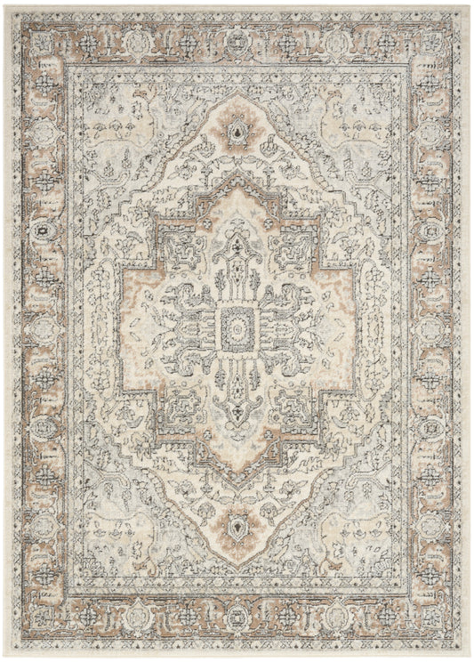 Traditional oriental-style area rug with central medallion, scrolling floral border in ivory, gray, and beige.