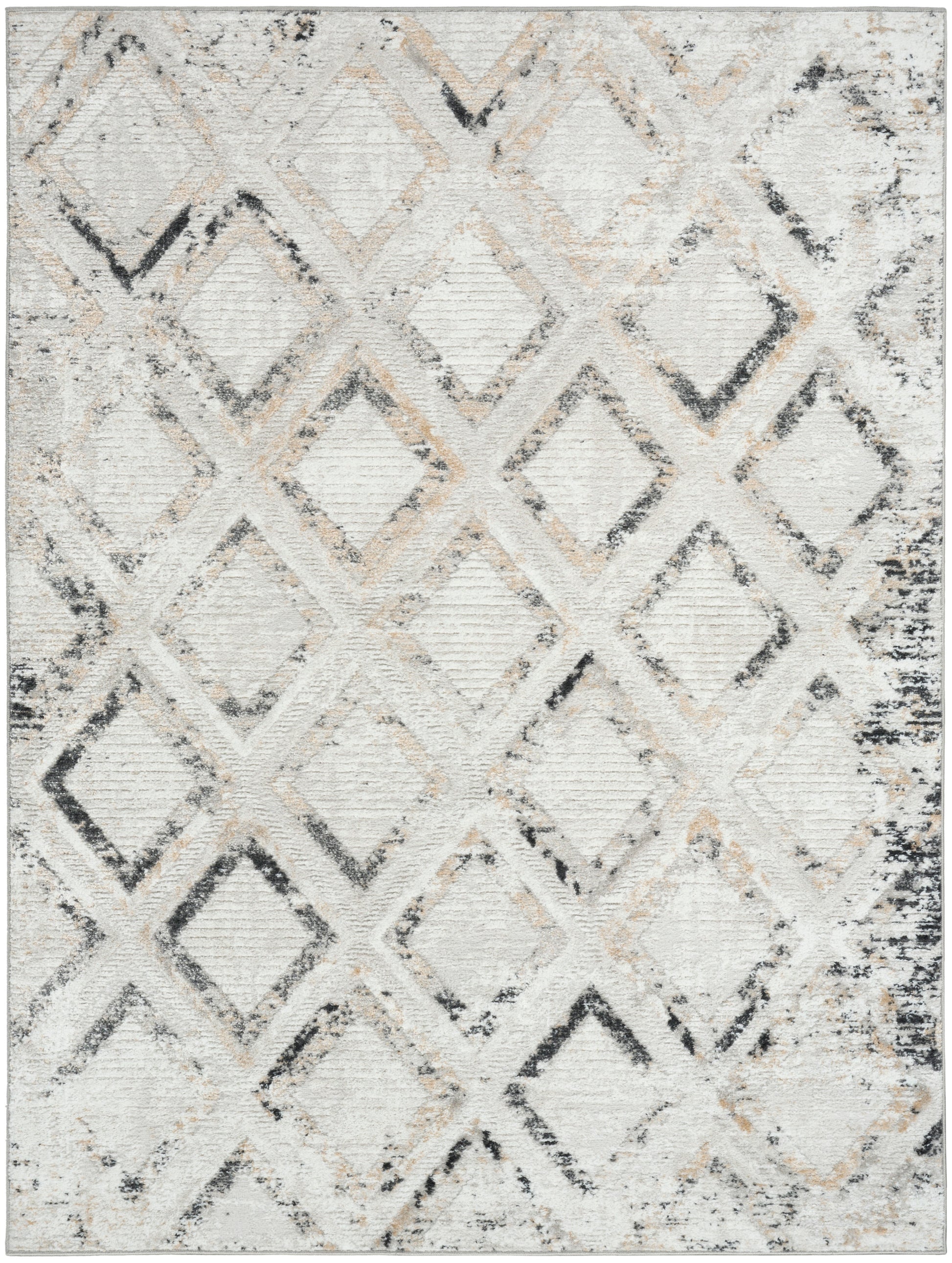 Rectangular rug with distressed geometric diamond pattern in beige, gray and ivory; modern boho style.