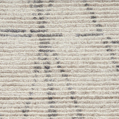 Beige textured rug with subtle gray linear pattern; soft woven, modern decor piece.