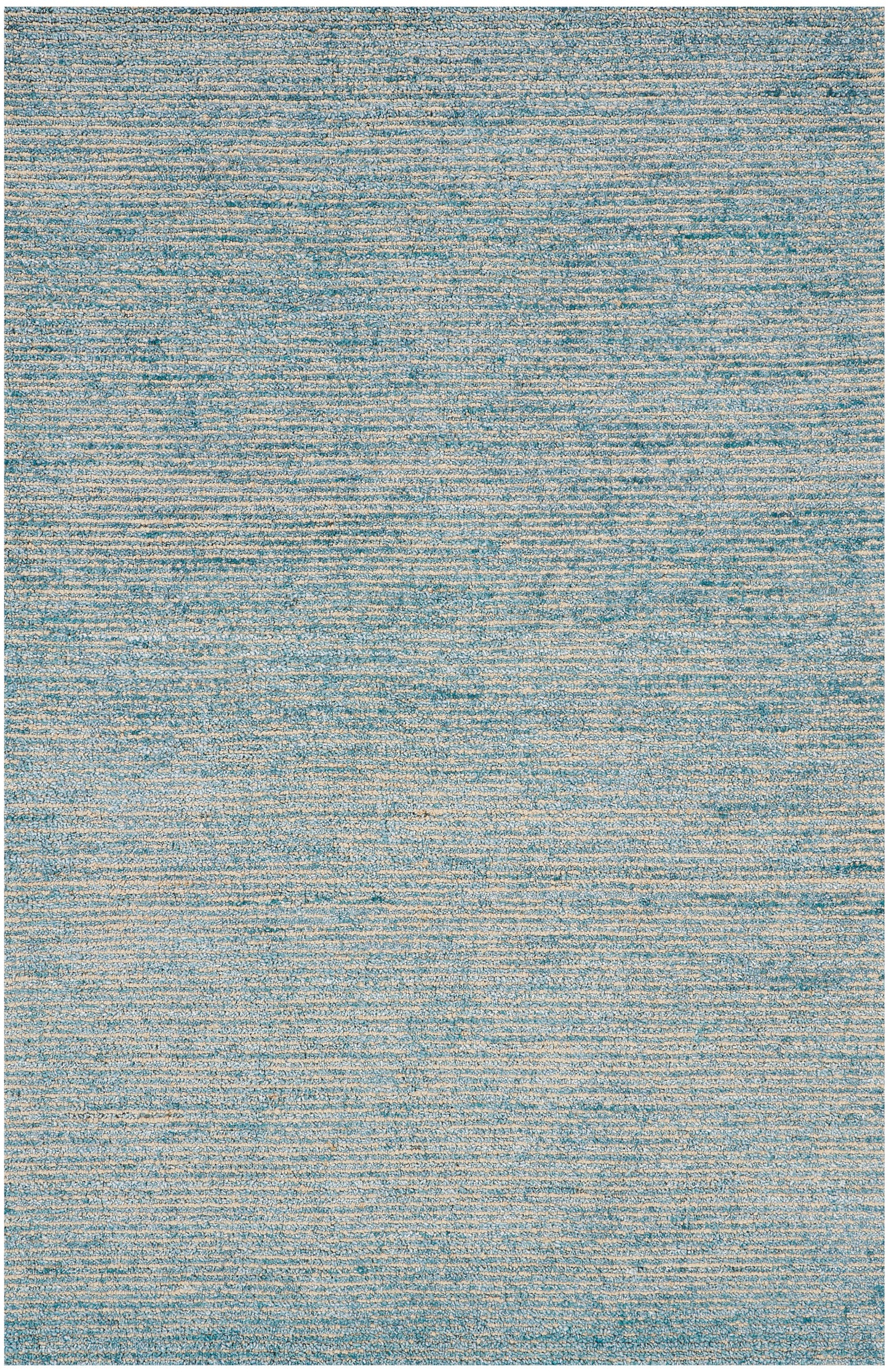Blue-toned woven area rug with subtle horizontal stripes and beige specks.