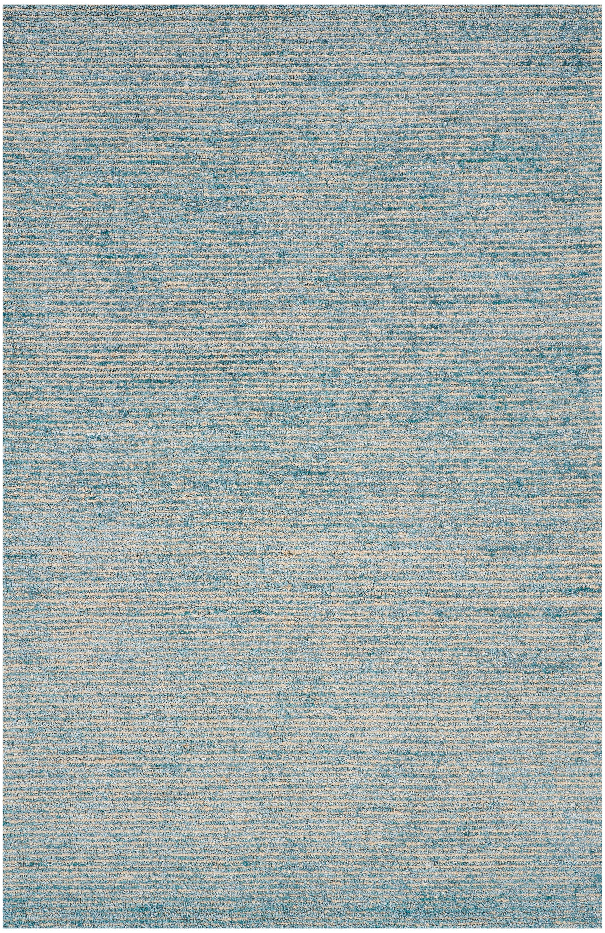 Blue-toned woven area rug with subtle horizontal stripes and beige specks.