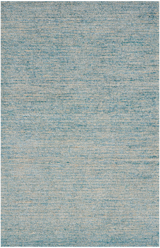 Blue-toned woven area rug with subtle horizontal stripes and beige specks.