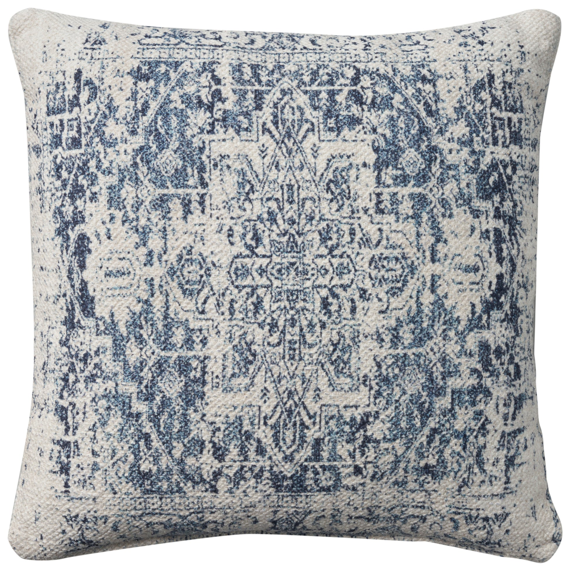 Decorative square pillow, 20" x 20", ivory and navy with a distressed Persian rug motif and textured woven fabric.