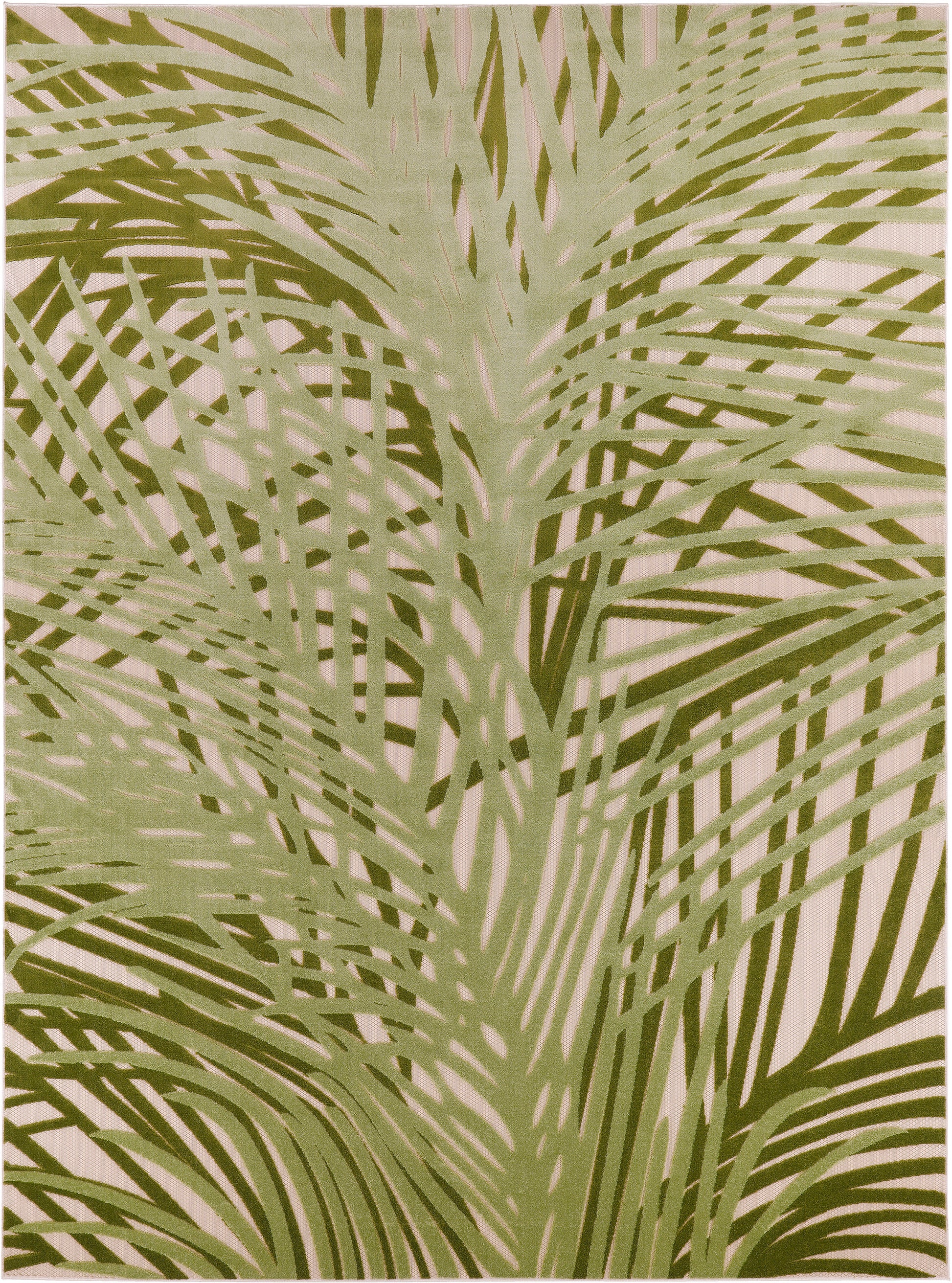 Olive green palm leaf pattern rug with overlapping tropical fronds on a beige background.