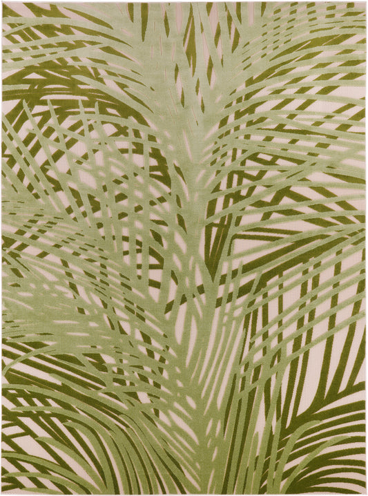 Olive green palm leaf pattern rug with overlapping tropical fronds on a beige background.