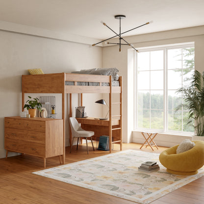 Light oak loft bed with desk underneath, dresser, study chair, modern chandelier, large window, yellow lounge chair.